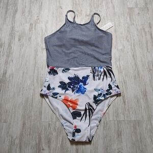 NWT Verano Playa One Piece Women's Navy Stripe and White Floral Swim Suit Size S